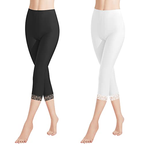 Libella 2er Pack Damen Leggings 3/4 Hose mit Spitze aus Baumwolle Capri-Hose mit Hohe Taille bunt Slim Fitnesshose Weiß Schwarz S 4166 von Libella