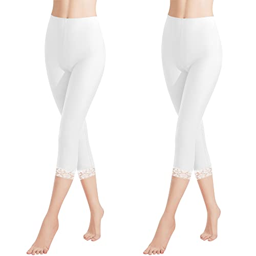 Libella 2er Pack Damen Leggings 3/4 Hose mit Spitze aus Baumwolle Capri-Hose mit Hohe Taille bunt Slim Fitnesshose Weiß XXL 4166 von Libella