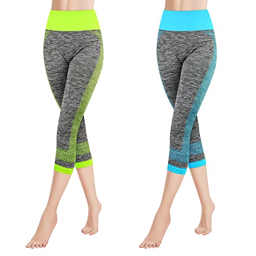 Libella 2er Pack Damen Leggings 3/4 Sporthose High Waist Sportleggins Mehrfarbig Strech Fitness Laufhose Caprihose 4119 Grün Blau S M von Libella