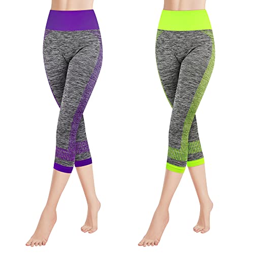 Libella 2er Pack Damen Leggings 3/4 Sporthose High Waist Sportleggins Mehrfarbig Strech Fitness Laufhose Caprihose 4119 Grün Lila L XL von Libella