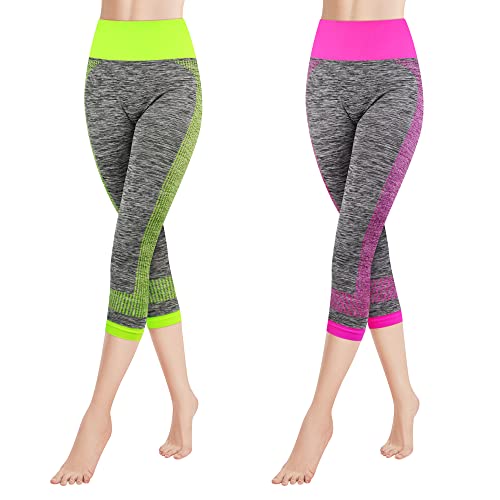 Libella 2er Pack Damen Leggings 3/4 Sporthose High Waist Sportleggins Mehrfarbig Strech Fitness Laufhose Caprihose 4119 Grün Rosa S M von Libella