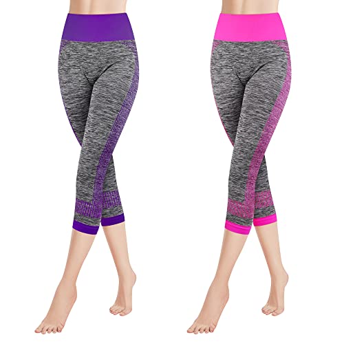 Libella 2er Pack Damen Leggings 3/4 Sporthose High Waist Sportleggins Mehrfarbig Strech Fitness Laufhose Caprihose 4119 Rosa Lila L XL von Libella