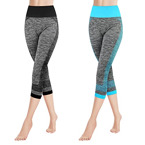 Libella 2er Pack Damen Leggings 3/4 Sporthose High Waist Sportleggins Mehrfarbig Strech Fitness Laufhose Caprihose 4119 Schwarz Blau L XL von Libella