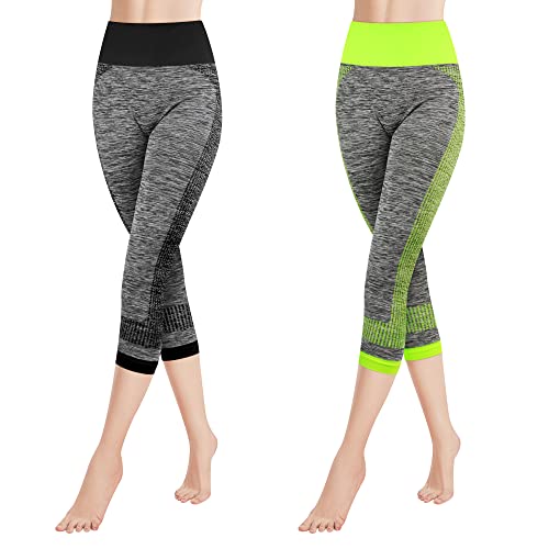 Libella 2er Pack Damen Leggings 3/4 Sporthose High Waist Sportleggins Mehrfarbig Strech Fitness Laufhose Caprihose 4119 Schwarz Grün L XL von Libella