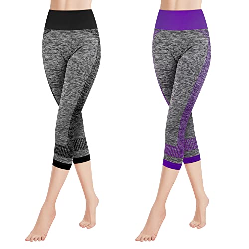 Libella 2er Pack Damen Leggings 3/4 Sporthose High Waist Sportleggins Mehrfarbig Strech Fitness Laufhose Caprihose 4119 Schwarz Lila L XL von Libella