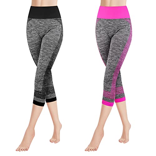 Libella 2er Pack Damen Leggings 3/4 Sporthose High Waist Sportleggins Mehrfarbig Strech Fitness Laufhose Caprihose 4119 Schwarz Rosa L XL von Libella