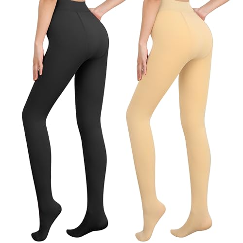 Libella 2er Pack Damen Thermo Strumpfhosen mit Innenfutter Winter warm blickdichte Thermostrumpfhose Kuschel Seamless Treggings hoch Bund Sport Tight Schwarz Beige 4152 S von Libella