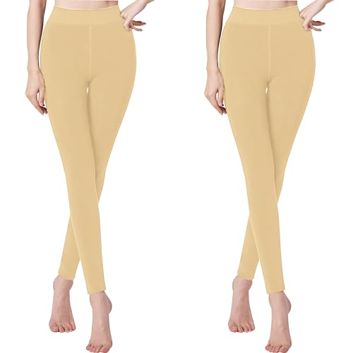 Libella 2er Pack Thermo Legggings Damen gefüttert Winter warm nahtlos Strumpfhose ohne Fuß Kuschel Seamless Treggings hoch Bund Sport Lange Tight 4130 Beige M von Libella