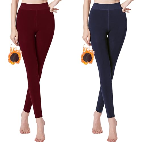 Libella 2er Pack Thermo Leggings Damen gefüttert Winter warm nahtlos Strumpfhose Kuschel Seamless Treggings hoch Bund Sport Lange Tight 4130 Rot Blau L von Libella