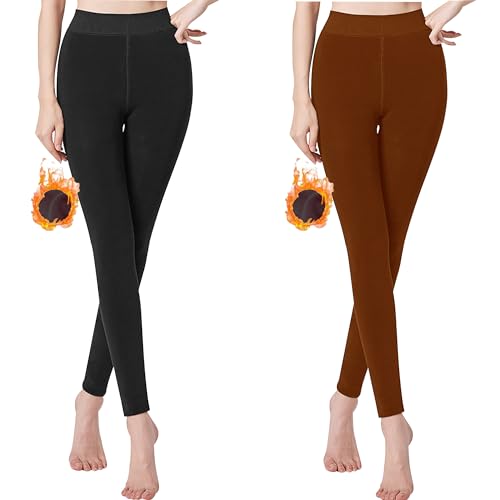 Libella 2er Pack Thermo Legging Damen mit Innenfutter Winter warm nahtlos Leggins Kuschel Seamless Treggings hoch Bund Sport Lange Tight 4130 Schwarz Braun S von Libella