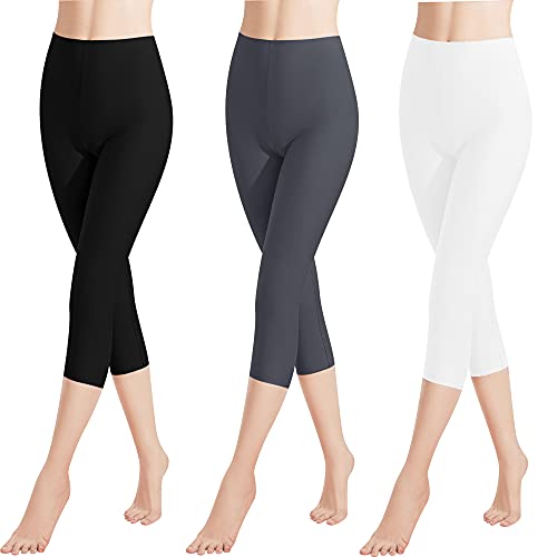 Libella 3er Pack Damen Leggings 3/4 Hose aus Baumwolle Capri-Hose mit Hohe Taille bunt Slim Fit Fitnesshose Mehrfarbig 4161 Schwarz Grau Weiß 3XL von Libella