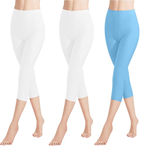 Libella 3er Pack Damen Leggings 3/4 Hose aus Baumwolle Capri-Hose mit Hohe Taille bunt Slim Fit Fitnesshose Mehrfarbig 4161 Weiß Weiß Hellblau XL von Libella