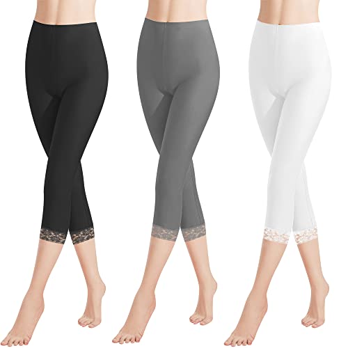 Libella 3er Pack Damen Leggings 3/4 Hose mit Spitze aus Baumwolle Capri-Hose mit Hohe Taille bunt Slim Fitnesshose Schwarz Weiß Grau M 4166 von Libella