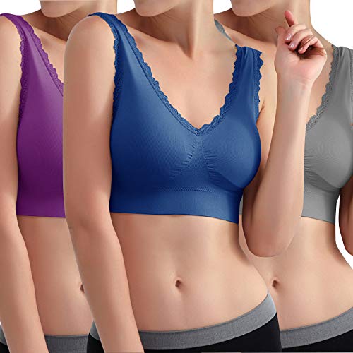 Libella 3er Pack Damen Sport BH Bügelloser Bustier Wohlfühl-BH Komfort-BH Schlaf-BH Freizeit-und Sport BH Seamless Sporttop Grau Blau Lila 3747 L/XL von Libella