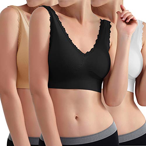 Libella 3er Pack Damen Sport BH Bügelloser Bustier Wohlfühl-BH Komfort-BH Schlaf-BH Freizeit-und Sport BH Seamless Sporttop Schwarz Haut Weiss 3747 L/XL von Libella