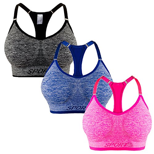 Libella 3er Pack Damen Sport BH Bustier Comfort BH Reissverschluss Gepolsterter Push UP Stützfunktion verstellbare Träger Ohne Bügel Yoga Fitness 3714 Grau +Blau+Pink SM von Libella