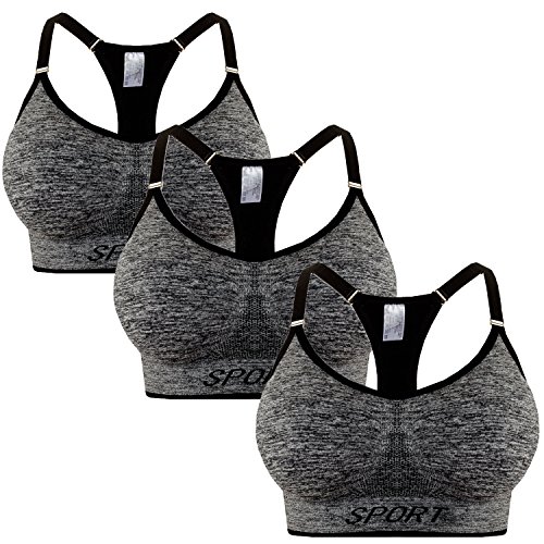 Libella 3er Pack Damen Sport BH Bustier Comfort BH Reissverschluss Gepolsterter Push UP Stützfunktion verstellbare Träger Ohne Bügel Yoga Fitness 3714 Grau SM von Libella