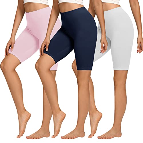 Libella 3er Pack Radlerhose Damen Kurze Leggings Baumwolle High Waist Shorts Blickdicht Sommer Sportshorts Marineblau Weiß Rosa 4165 L von Libella