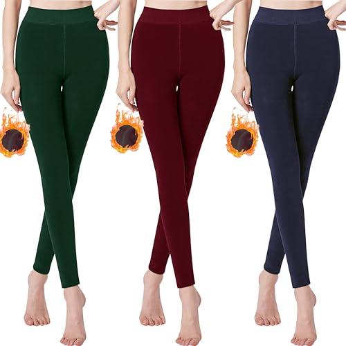 Libella 3er Pack Thermo Leggings Damen gefüttert Winter warm nahtlos Strumpfhose Kuschel Seamless Treggings hoch Bund Sport Lange Tight 4130 Grün Rot Blau L von Libella