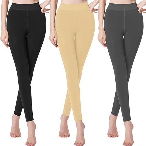 Libella 3er Pack Thermo Legging Damen mit Innenfutter Winter warm nahtlos Leggins Kuschel Seamless Treggings hoch Bund Sport Lange Tight 4130 Schwarz Beige Grau M von Libella