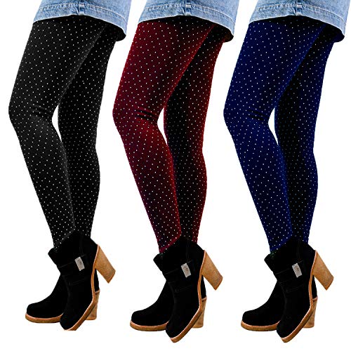 Libella 3er Set Winterleggings Skinny Thermoleggings Laufhose mit Pünktchen Norweger Teddy-Innenfleece Frauen/Mädchen 4146 Schcwarz+Dunkelrot+Marienblau von Libella