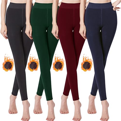 Libella 4er Pack Thermo Legging Damen mit Innenfutter Winter warm nahtlos Leggins Kuschel Seamless Treggings hoch Bund Sport Lange Tight 4130 Schwarz Grün Rot Blau L von Libella