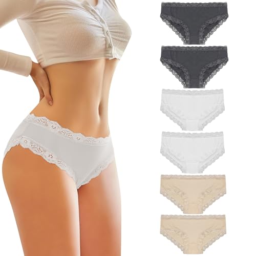 Libella Damen Unterhosen Panty Hipster Spitze Microfaser Taillenslip 6er Pack grau beige weiß 3416 GHW L von Libella