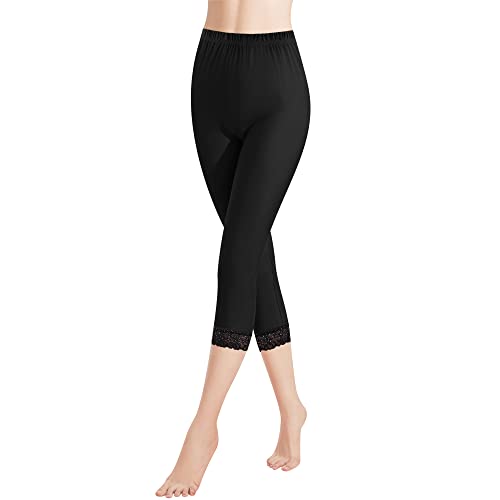 Libella Damen Leggings 3/4 Hose mit Spitze aus Baumwolle Capri-Hose mit Hohe Taille Diamant bunt Slim Fitnesshose Schwarz M/L 4173 von Libella