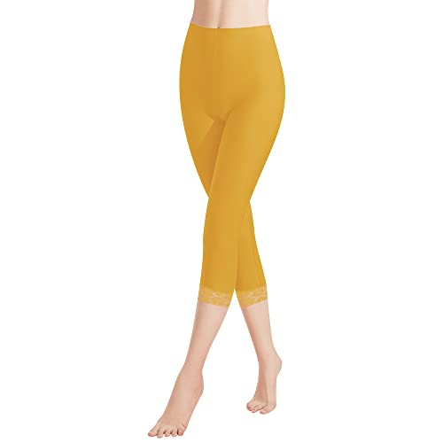 Libella Damen Leggings 3/4 Hose mit Spitze aus Baumwolle Capri-Hose mit Hohe Taille bunt Slim Fitnesshose Gelb XXL 4166 von Libella