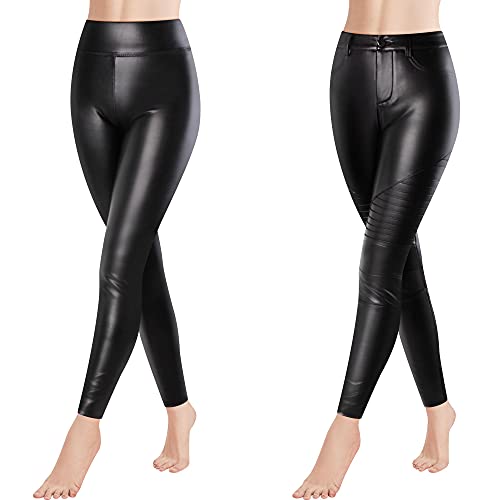 Libella Damen Sexy Kunstleder Leggings high Waist PU Leder Leggins Strumpfhosen in Lederoptik elatische Treggings Skinny Lederimitat 4164 A+C Schwarz 2XL von Libella