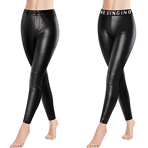 Libella Damen Sexy Kunstleder Leggings high Waist PU Leder Leggins Strumpfhosen in Lederoptik elatische Treggings Skinny Lederimitat 4164 B+C Schwarz L von Libella