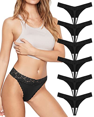 Libella Damen Strings mit Sexy Spitze Niedrig Taille Thongs T Back Höschen 6er Pack Schwarz 3209 BL L von Libella