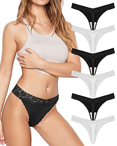 Libella Damen Strings mit Sexy Spitze Niedrig Taille Thongs T Back Höschen 6er Pack Schwarz Weiß 3209BW L von Libella