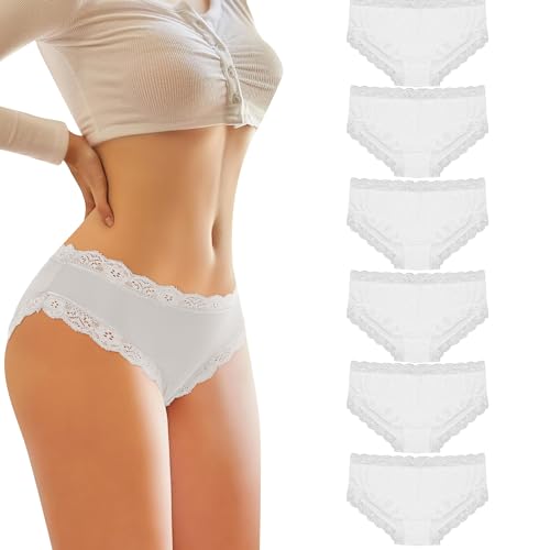 Libella Damen Unterhosen Panty Hipster Spitze Microfaser Taillenslip 6er Pack Weiß 3416WH L von Libella
