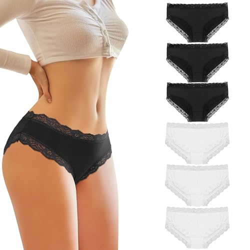 Libella Damen Unterhosen Panty Hipster Spitze Microfaser Taillenslip 6er Pack schwarz weiß 3416BW L von Libella