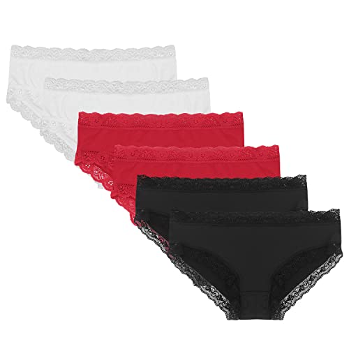 Libella Damen Unterhosen Panty Hipster Spitze Microfaser Taillenslip 6er Pack schwarz weiß rot 3416BWR L von Libella