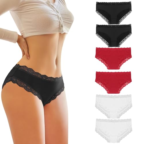 Libella Damen Unterhosen Panty Hipster Spitze Microfaser Taillenslip 6er Pack schwarz weiß rot 3416BWR M von Libella