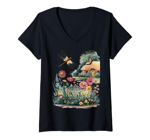 Damen Cottagecore Libelle Natur Ästhetisch Floral Libelle T-Shirt mit V-Ausschnitt Damen Cottagecore Libelle Natur Ästhetisch Floral Libelle T-Shirt mit V-Ausschnitt von Libelle Blumen Geschenke Cottagecore Ästhetik