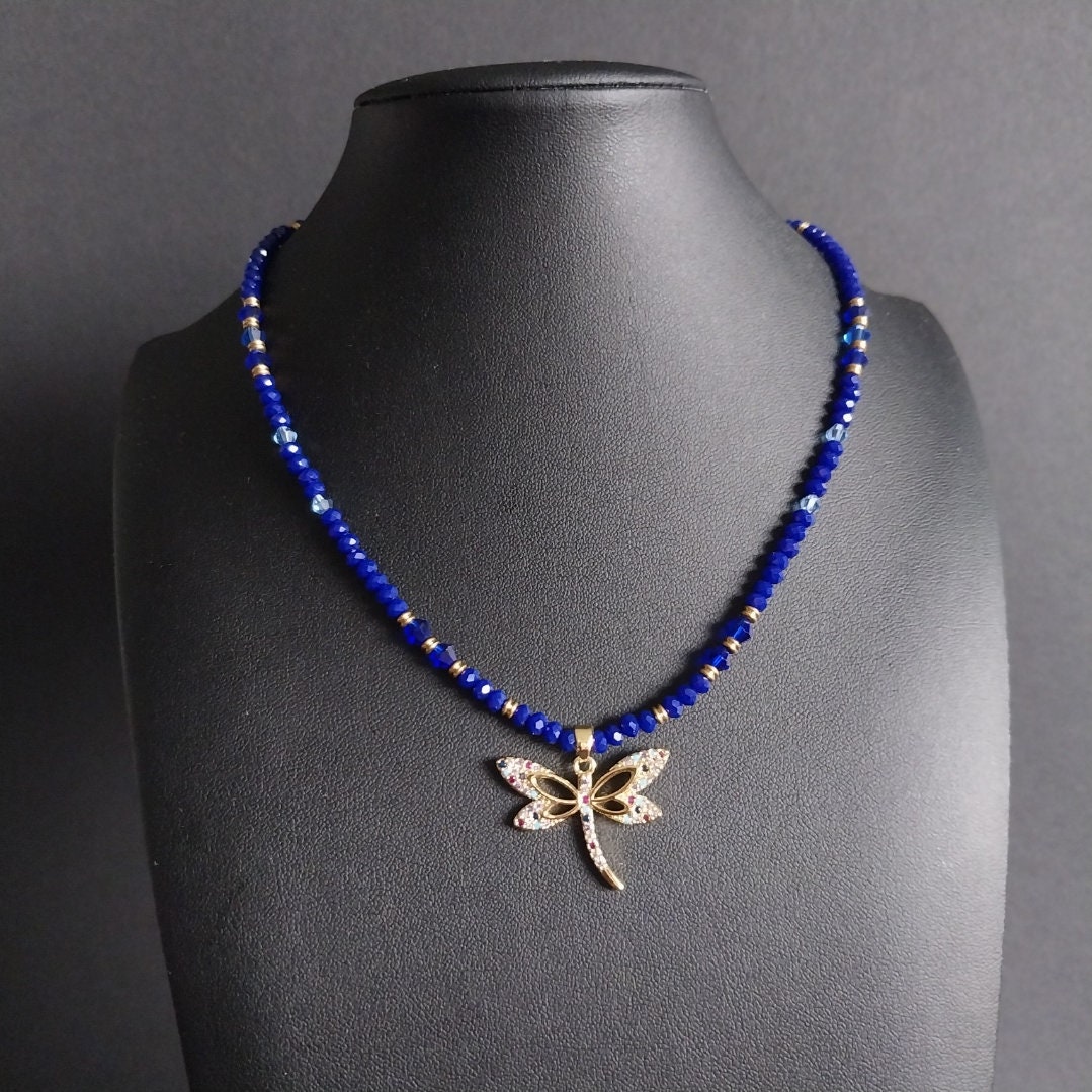 Handmade Dragonfly Pendant Necklace - Blue Bohemian Crystal Beads Gold-Plated Elements Summer Jewelry Gift" Handmade Dragonfly Pendant Necklace - Blue Bohemian Crystal Beads Gold-Plated Elements Summer Jewelry Gift" von LibelleLaden