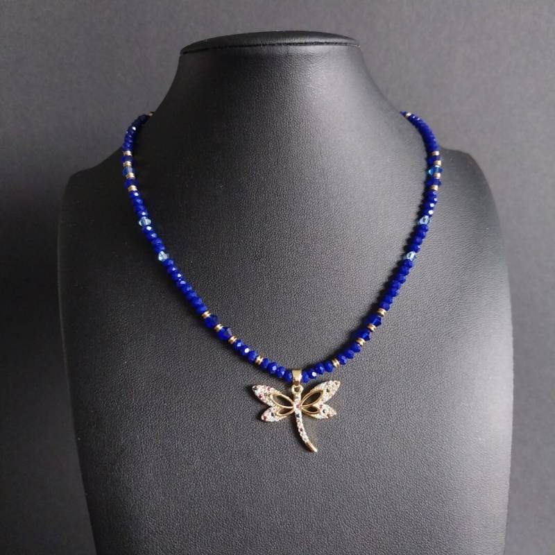 Handmade Dragonfly Pendant Necklace - Blue Bohemian Crystal Beads Gold-Plated Elements Summer Jewelry Gift" von LibelleLaden