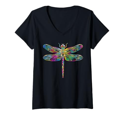 Damen Libelle Dragonfly Fluginsekten Bunte Flügel Süße Libellen T-Shirt mit V-Ausschnitt von Libellen Liebhaber Motiv & Libellen Geschenk