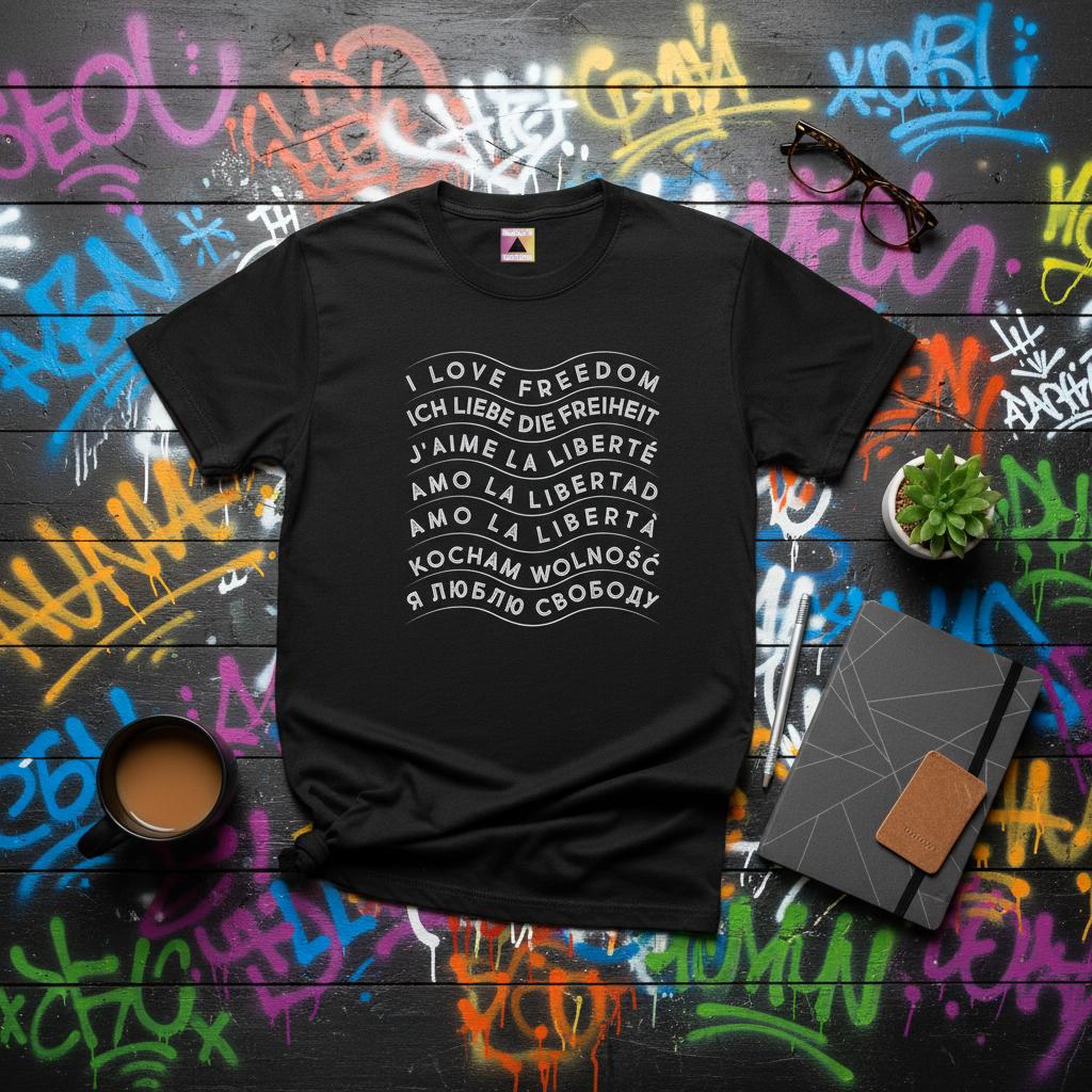 Unisex T-Shirt - "I Love Freiheit" in 7 Sprachen von LiberalMindset
