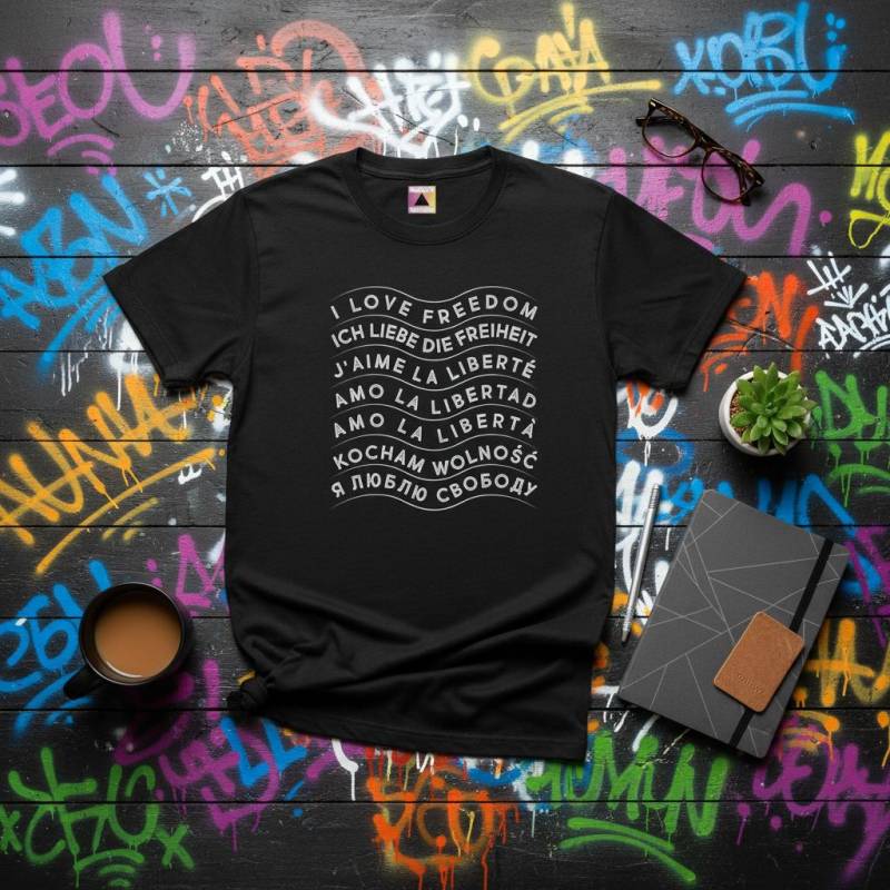 Unisex T-Shirt - "I Love Freiheit" in 7 Sprachen von LiberalMindset