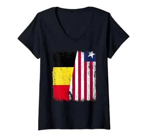 Damen Belgien Liberia Halbflagge Belgisches Liberianisches Trikot T-Shirt mit V-Ausschnitt von Liberia Flag Designs Proud Liberian Roots