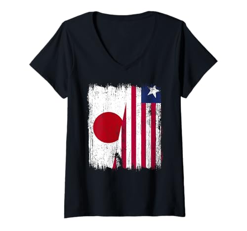 Damen Japan Liberia Halbe Flagge Japanisches Liberianisches Trikot T-Shirt mit V-Ausschnitt Damen Japan Liberia Halbe Flagge Japanisches Liberianisches Trikot T-Shirt mit V-Ausschnitt von Liberia Flag Designs Proud Liberian Roots