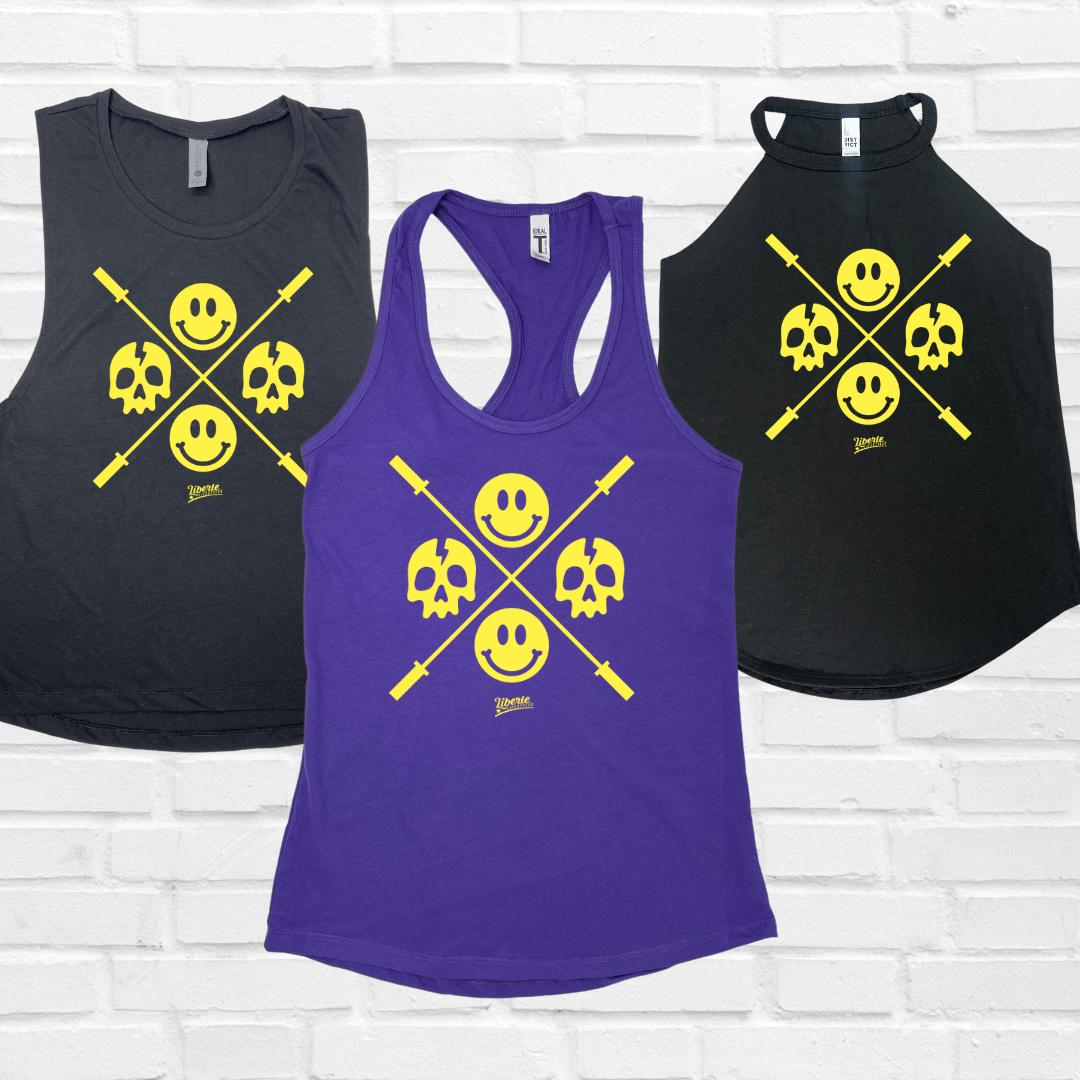 Happy Skulls Damen Racerback Tank - Smiley Emoji Barbell Für Fitnessstudio, Crossfit, Gewichtheben, Workouts Oder Wods, Laufen Happy Skulls Damen Racerback Tank - Smiley Emoji Barbell Für Fitnessstudio, Crossfit, Gewichtheben, Workouts Oder Wods, Laufen von LiberteLifestylesUS