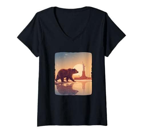 Damen Schöner Sonnenuntergangsbär mit Freiheitsstatue und USA-Look T-Shirt mit V-Ausschnitt von Liberty Bear Outfit
