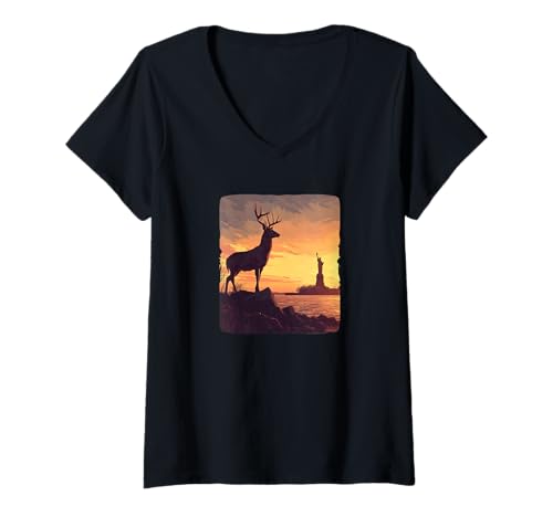 Damen Freiheitsstatue mit Hirsch für symbolische Liebhaber T-Shirt mit V-Ausschnitt Damen Freiheitsstatue mit Hirsch für symbolische Liebhaber T-Shirt mit V-Ausschnitt von Liberty Deer Outfit