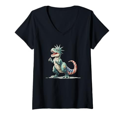 Damen Cooler USA Dinosaurier im Liberty Style für Jungen und Mädchen T-Shirt mit V-Ausschnitt von Liberty Dinosaur