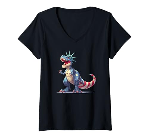 Damen Cooles USA-Dinosaurier-Kostüm T-Shirt mit V-Ausschnitt von Liberty Dinosaur